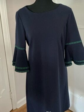 Neiman Marcus Navy Shift Dress with Green-Trim Bell Sleeves